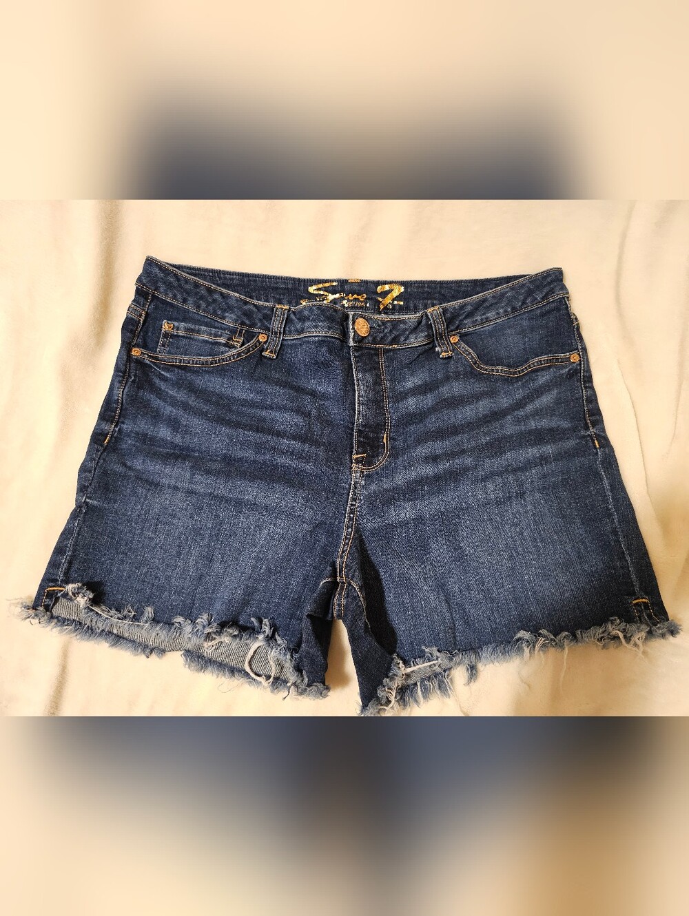 Seven7 Indigo Blue Frayed Hem Denim Shorts
